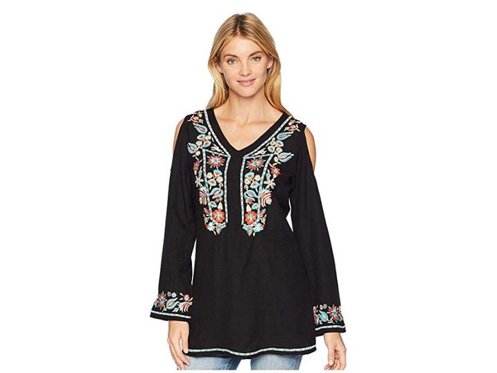 Scully Camelotte Cold Shoulder Embroidered Tunic (black) Women's Blouse
