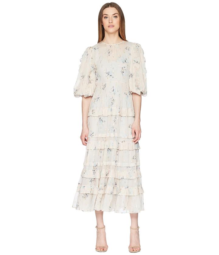 Rebecca Taylor Long Sleeve Faded Floral Dress (stone) Women's Dress