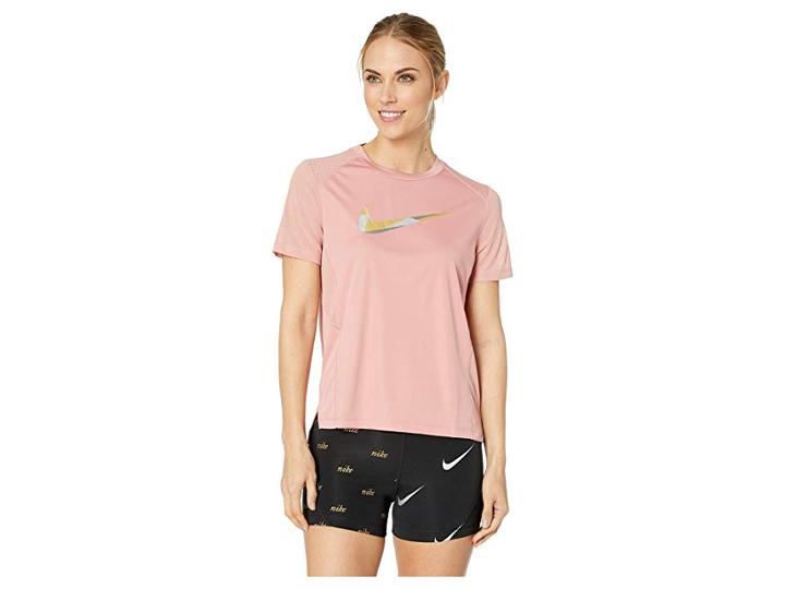 Nike Miler Metallic Short Sleeve Top (rust Pink) Women's Clothing