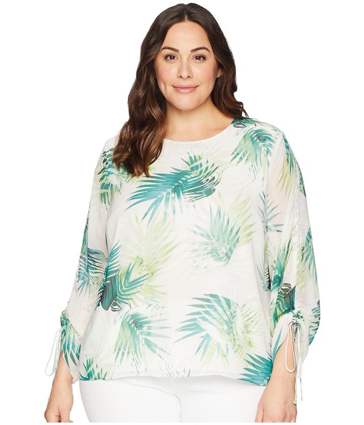 Vince Camuto Specialty Size Plus Size Drawstring Sleeve Sunlit Palm Print Blouse (verdant Green) Women's Blouse