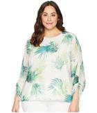 Vince Camuto Specialty Size Plus Size Drawstring Sleeve Sunlit Palm Print Blouse (verdant Green) Women's Blouse
