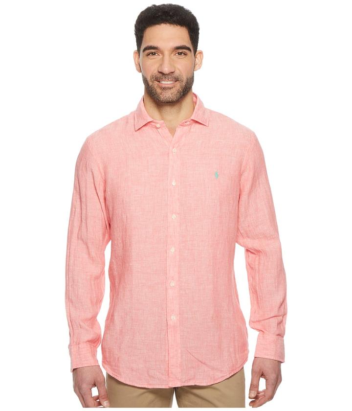 Polo Ralph Lauren Linen Spread Long Sleeve Sport Shirt (rose/white) Men's Clothing