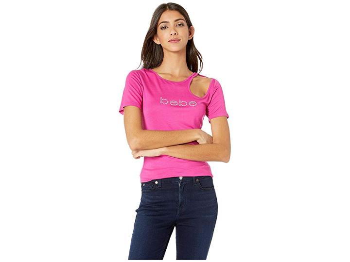 Bebe Short Sleeve Logo Cut Out Tee (very Berry) Women's Clothing
