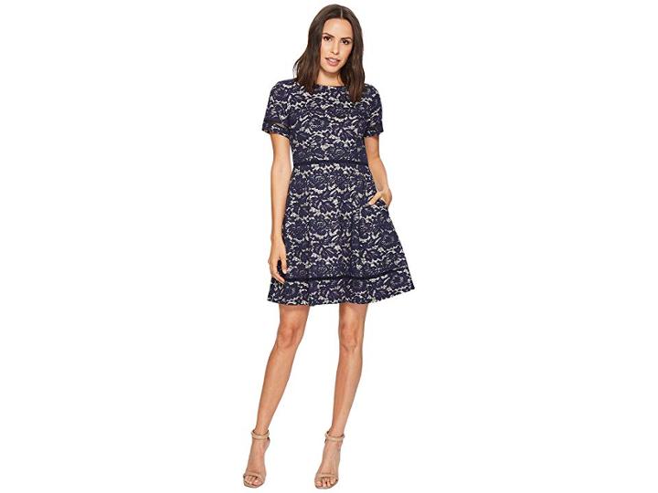 Vince Camuto Bonded Lace Fit And Flare With Pleats (navy) Women's Dress