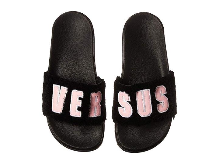 Versus Versace Footbed Sandal Rubber Sole H.20+leather Lettering Pelo Curly (black/pink/black) Women's Sandals