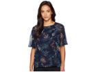 Vince Camuto Specialty Size Petite Ruffled Short Sleeve Garden Heirloom Floral Blouse (classic Navy) Women's Blouse