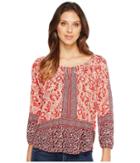 Lucky Brand Placed Peasant Top (coral Multi) Women's Clothing