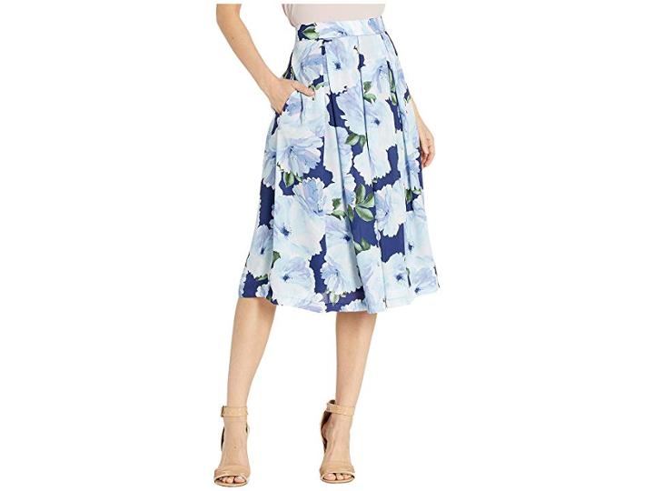 Tahari By Asl Inverted Midi Pleat Skirt (navy Floral) Women's Skirt