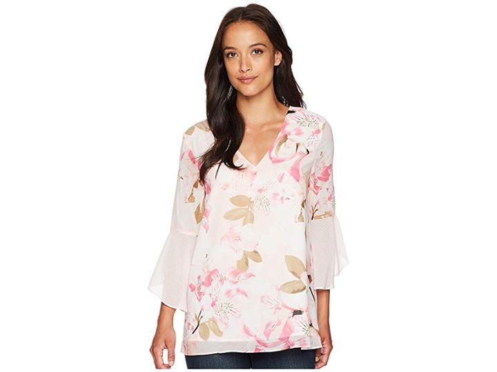 Calvin Klein Printed Flare Sleeve Blouse (white/latte) Women's Blouse
