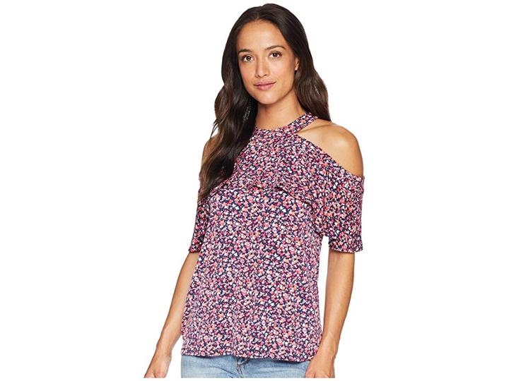 Michael Michael Kors Wildflower Flounce Halter Top (true Navy/bright Blush) Women's Clothing