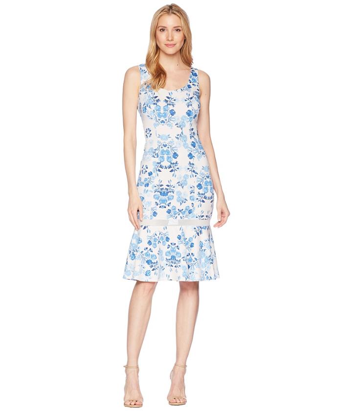 Donna Morgan Sleeveless Printed Scuba Midi With Mesh Inset (ivory/blue Multi) Women's Dress