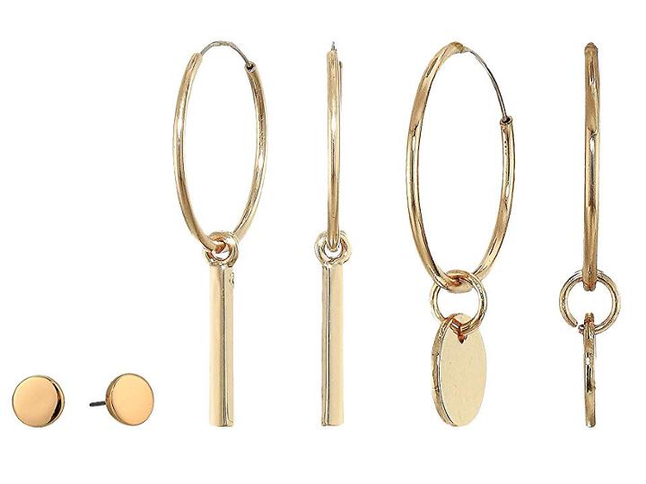 Steve Madden Polished Flat Stud And Bar Circle Charm Four Three-piece Earrings Set (rose Gold-tone) Earring