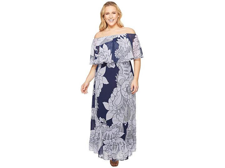 Donna Morgan Plus Size Printed Chiffon Off The Shoulder Maxi Dress (navy/lilac Multi) Women's Dress
