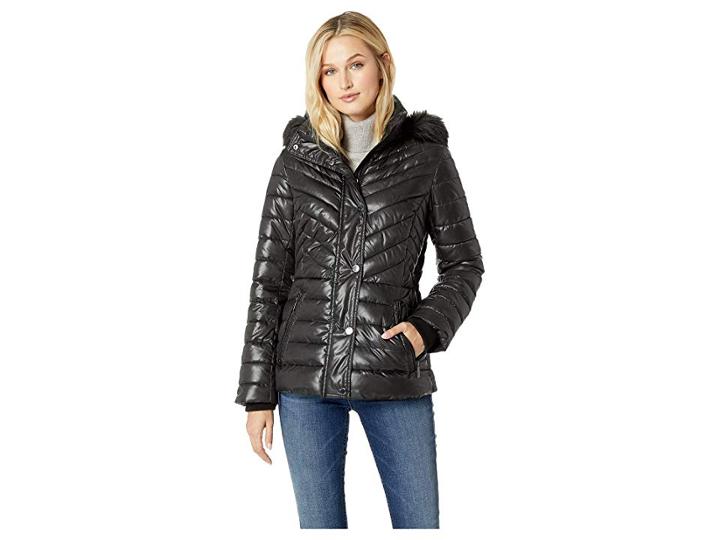 Kenneth Cole New York Faux Fur Trimmed Short Puffer (black) Women's Coat
