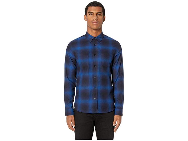 Vince Shadow Plaid Long Sleeve (blue) Men's Clothing