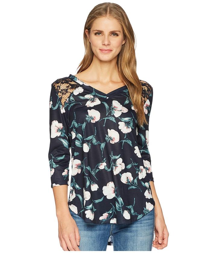Tribal 3/4 Sleeve Floral Top With Lace Detail (twilight) Women's Clothing