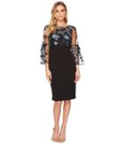 Adrianna Papell Stretch Crepe Embroidered Cocktail Dress With Bell Sleeve Detail (evening Sky Multi) Women's Dress