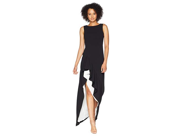 Calvin Klein Asymmetric High-low Gown With Contrast Lining Cd8b14nm (black/cream) Women's Dress