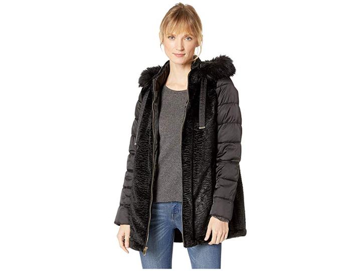 Via Spiga Mixed Media Puffer With Faux Fur Trimmed Hood (black) Women's Coat