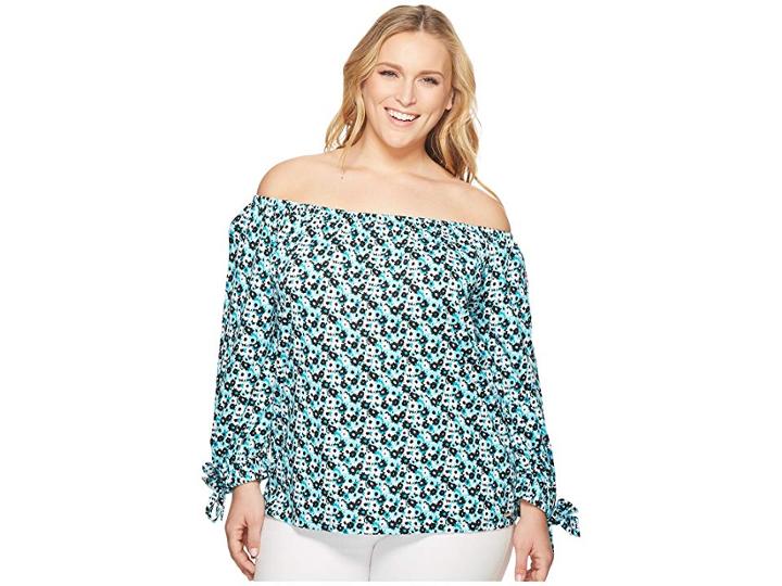Michael Michael Kors Plus Size Carnation Wide Sleeve Top (tile Blue/black Multi) Women's Clothing
