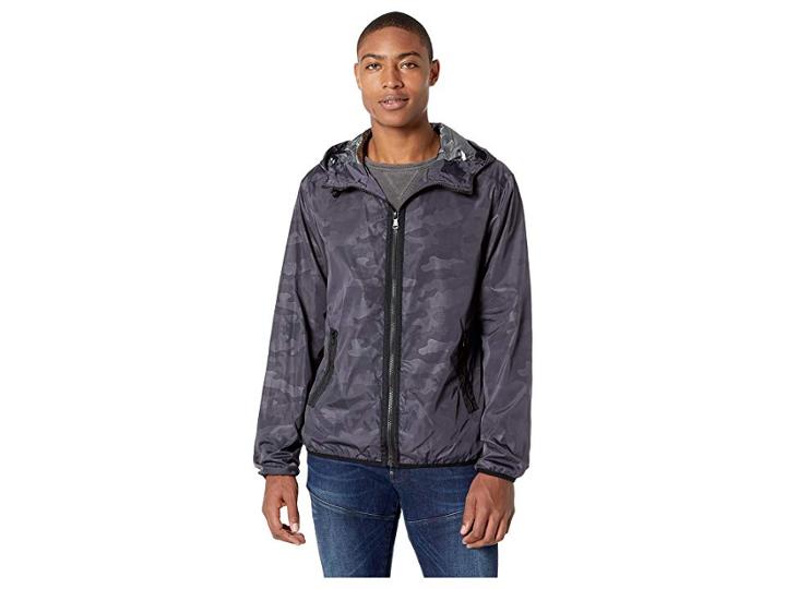 Sean John Camouflage Full-zip Hooded Windbreaker (navy Camo) Men's Coat