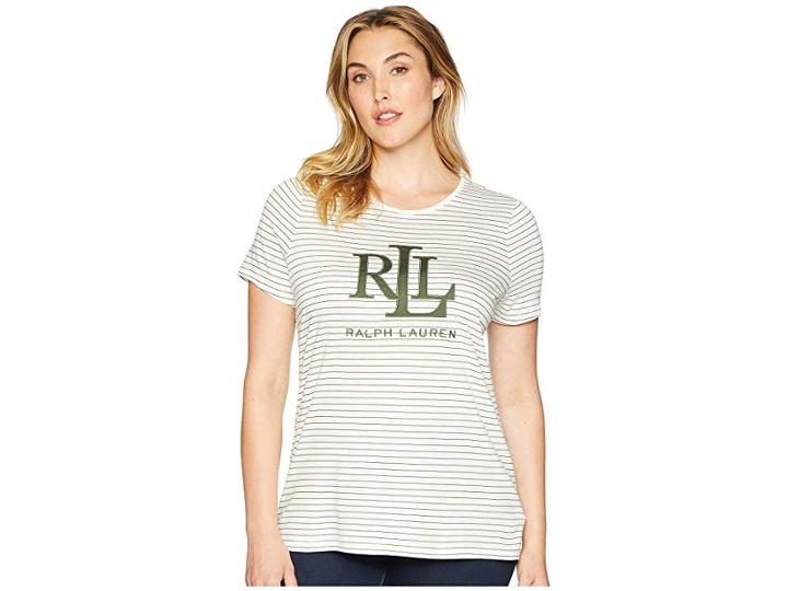 Lauren Ralph Lauren Plus Size Studded Logo T-shirt (mascarpone Cream/admiral Green) Women's T Shirt