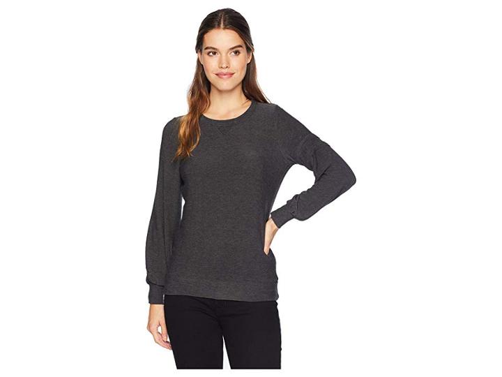 Chaser Cozy Knit Bishop Sleeve Wide Neck Pullover W/ Strappings (black) Women's Clothing