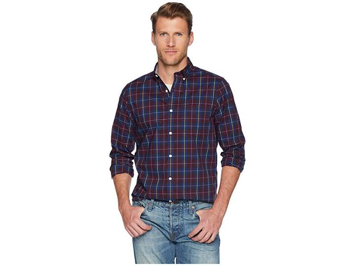 Nautica Long Sleeve Wear To Work Plaid (royal Burgundy) Men's Clothing