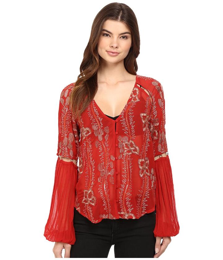 Free People Viscose Gorgette Firecracker Embellished Top (red) Women's Long Sleeve Button Up