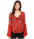 Free People Viscose Gorgette Firecracker Embellished Top (red) Women's Long Sleeve Button Up