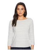 Three Dots Cape Cod Stripe 3/4 Sleeve Top W/ Zipper Detail (granite/white) Women's Clothing