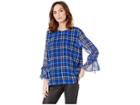 Calvin Klein Printed Tie Top With Flare Sleeve (ulttramarine Combo) Women's Clothing