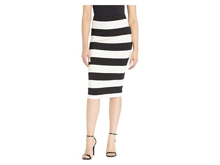 Eci Color Blocked Stripe Knit Pencil Skirt (black/ivory) Women's Skirt