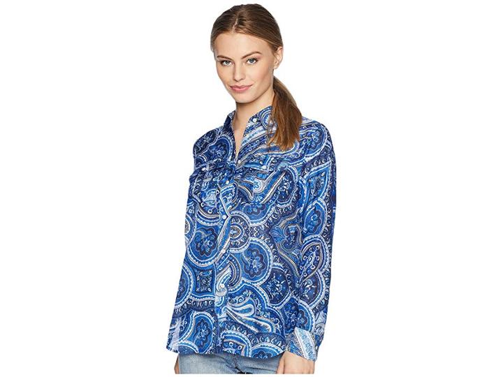 Lauren Ralph Lauren Petite Paisley Silk-blend Shirt (blue Multi) Women's Clothing