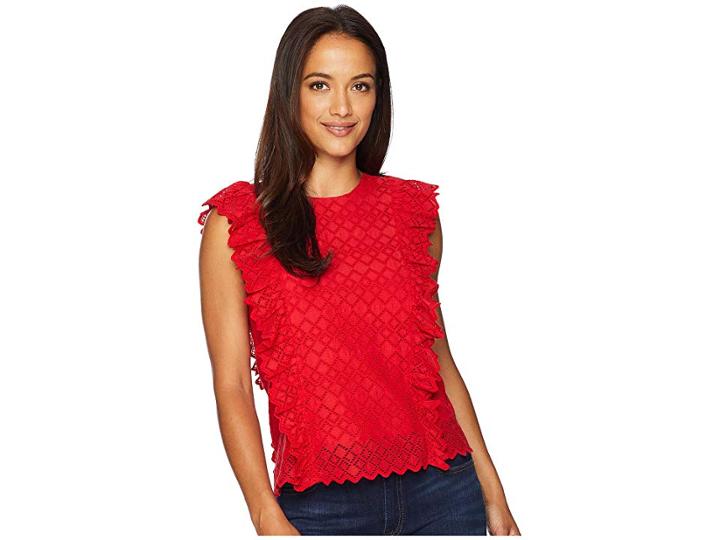 Lauren Ralph Lauren Petite Eyelet Ruffled Cotton Top (lipstick Red) Women's Clothing