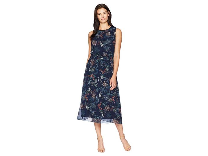 Vince Camuto Sleeveless Smocked Waist Garden Floral Dress (classic Navy) Women's Dress