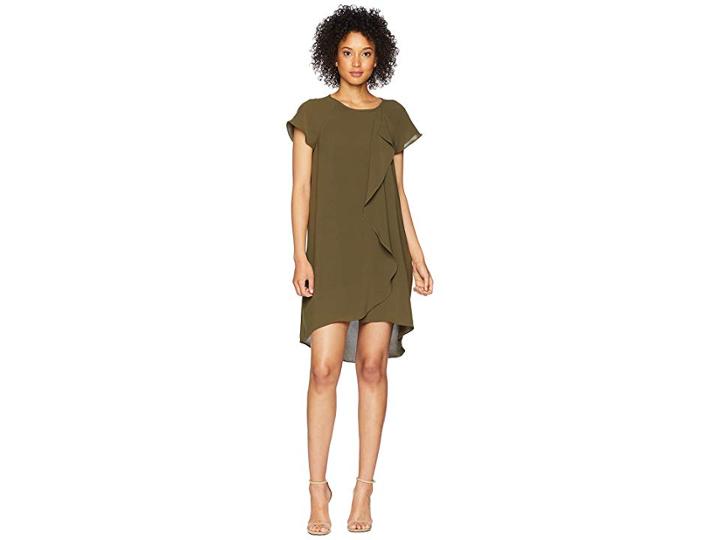 Adrianna Papell Gauzy Crepe Corkscrew Drape Shift Dress With Short Sleeves (olive) Women's Dress