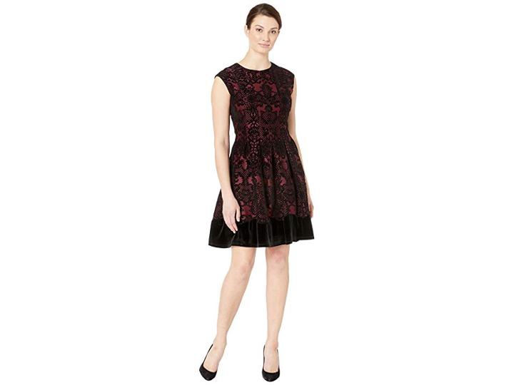 Gabby Skye Flocked Velvet Scuba (wine/black) Women's Dress