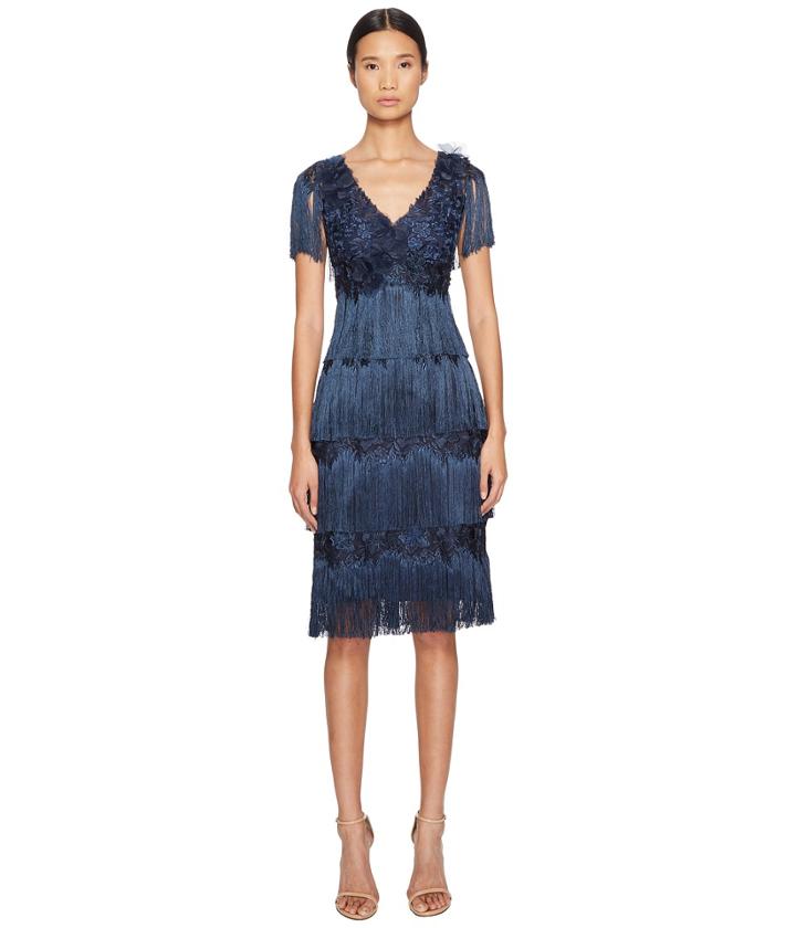 Marchesa Notte 3/4 Tiered Fringe Cocktail (navy) Women's Dress