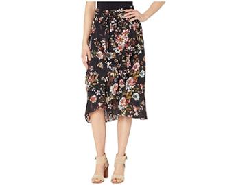 Eci Floral Ruffle Drape Skirt (black Multi) Women's Skirt