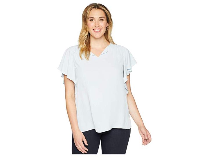 Vince Camuto Specialty Size Plus Size Flutter Sleeve Soft Texture V-neck Blouse (lake Breeze) Women's Blouse