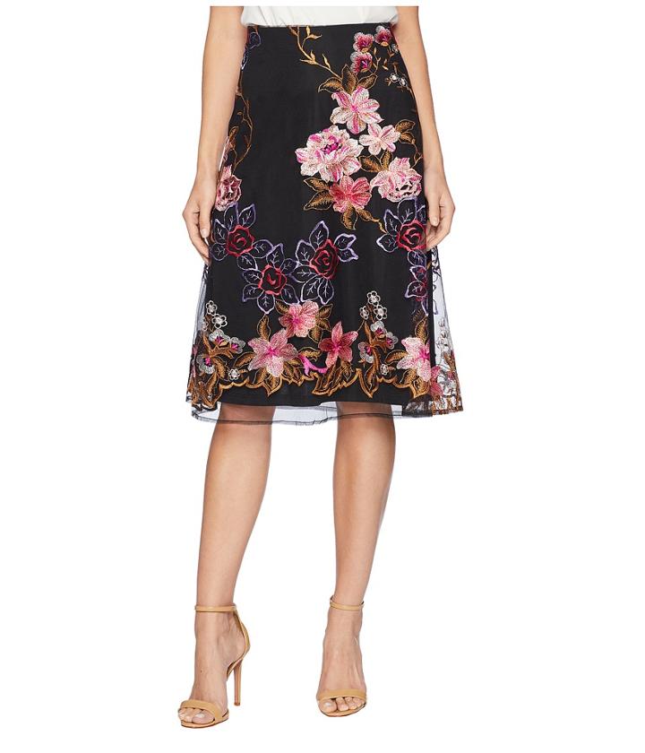 Eci Embroidered Flare Midi Skirt (black/pink) Women's Skirt