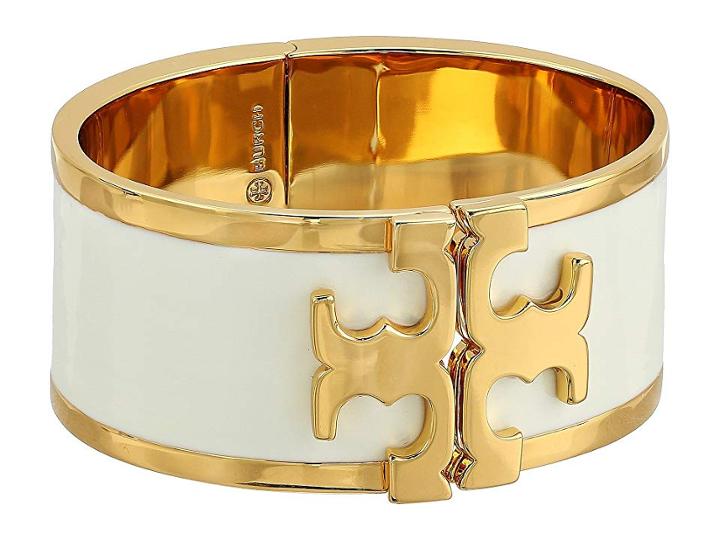 Tory Burch Enamel Raised Logo Wide Cuff Bracelet (new Ivory/tory Gold) Bracelet