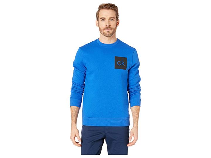 Calvin Klein The Soft Touch Fleece Long Sleeve Crew Neck Printed Version (brilliant Blue) Men's Clothing