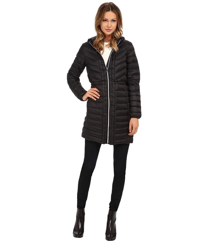 Cole Haan Chevron Quilted Hooded Single Breasted Lightweight Packable Down (black) Women's Coat