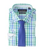 Nick Graham Multi Check Stretch Shirt With Textured Solid Tie (green/aqua) Men's Long Sleeve Button Up