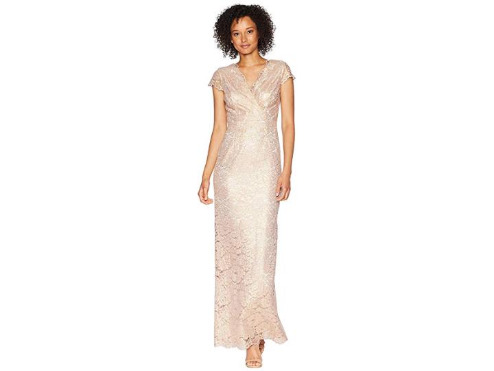 Adrianna Papell Short Sleeve Beaded Lace Gown With Scattered Beads (quartz) Women's Dress
