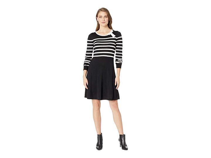 Cece Long Sleeve Jersey Striped Sweater Dress W/ Bow (rich Black) Women's Dress