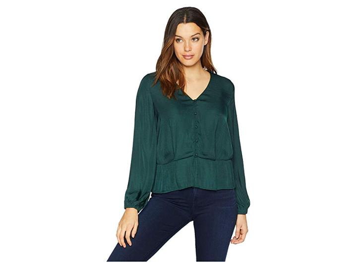 Vince Camuto Long Sleeve Peplum Hem Button Down Blouse (hunter) Women's Blouse