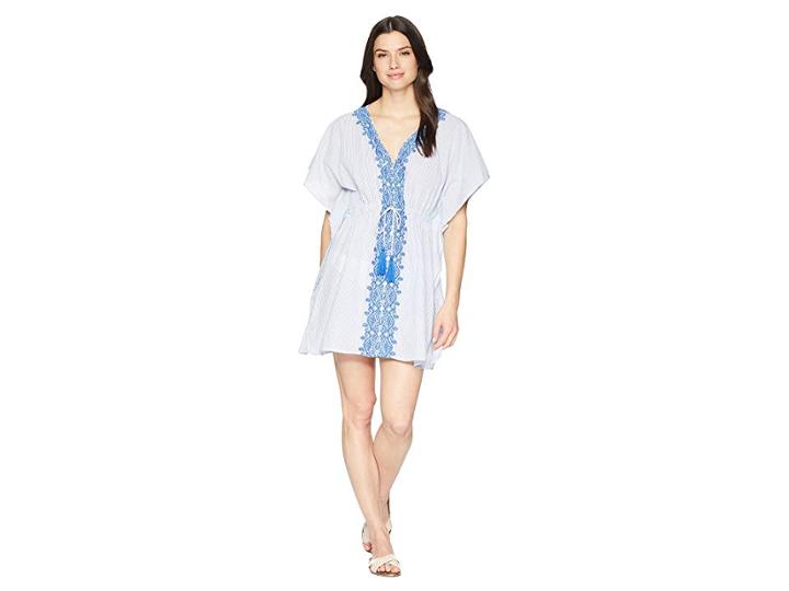 Lauren Ralph Lauren Emroidered Yarn-dye Stripes Tunic Cover-up (blue) Women's Swimwear